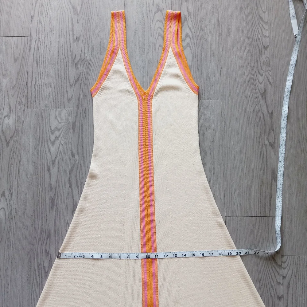 Sandro Piana V Neck Ribbed Midi Dress Ecru Orange Boarder Stripe 42 - Picture 14 of 16